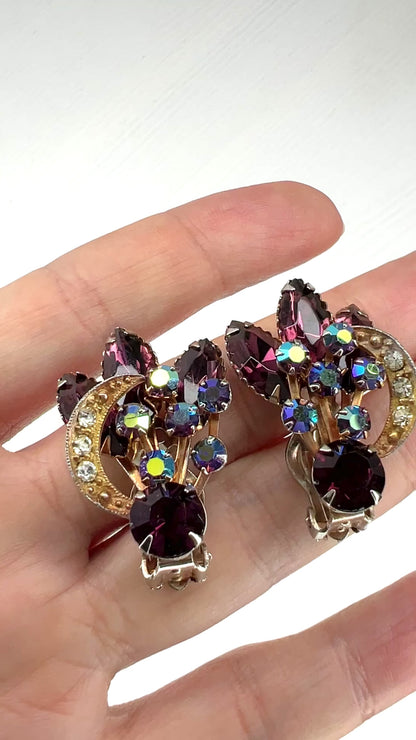 VINTAGE 1950-60's Purple Rhinestone & Gold Tone Crescent Clip Earrings