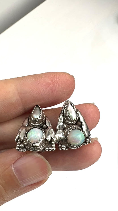 VINTAGE Pearl & Opal Siler Triangle Clip Earrings