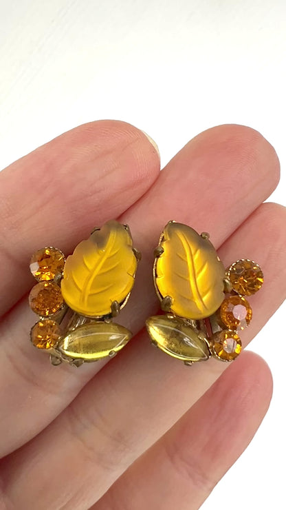 VINTAGE 1950's Orange/Amber Frosted Leaf Glass Clip Earrings