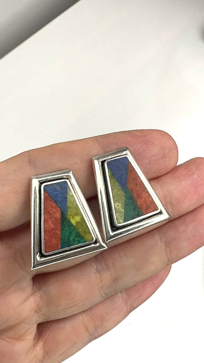 VINTAGE 1970's Multi Coloured Stone Inlay Trapezoid Shaped Silver Clip Earrings