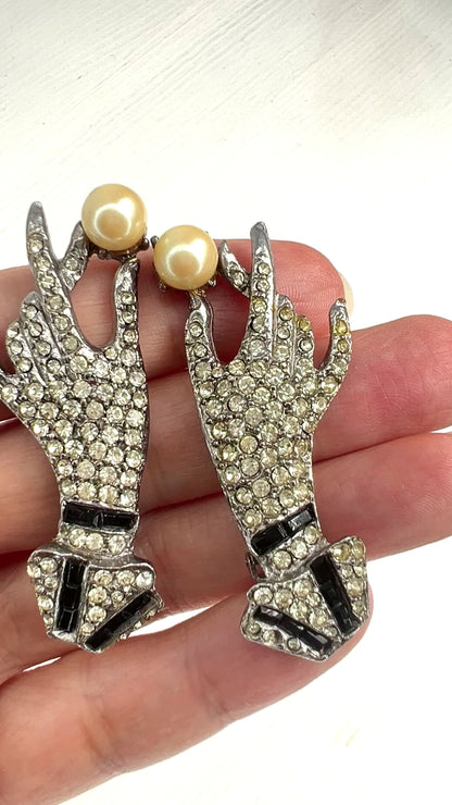 VINTAGE 1980's BUTLER & WILSON Rhinestone Hand & Faux Pearl Clip Earrings