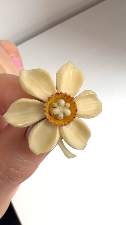 ANTIQUE Celluloid Carved Daffodil Brooch