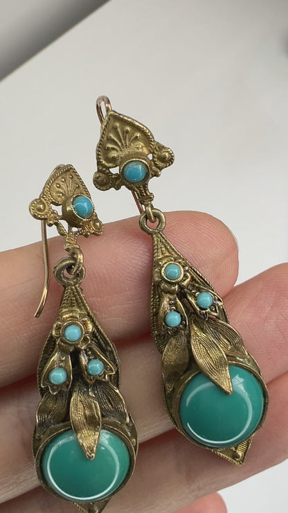 VINTAGE ART DECO Gold Tone Filigree & Turquoise Glass Pierced Earrings