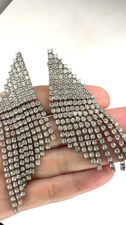 VINTAGE 1950-60's Rhinestone Triangle Tassel/Fringe Clip Earrings