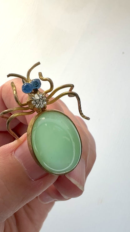 ANTIQUE 1900-20's  Mint Green Satin Glass Cabochon Spider Brooch