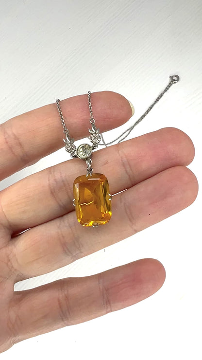 VINTAGE ART DECO Yellow Rectangular Glass Pendant Necklace