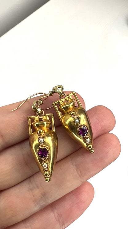 ANTIQUE VICTORIAN Etruscan Revival Gold Spike Dangle Pierced Earrings with Purple Rhinestone & Seed Pearls